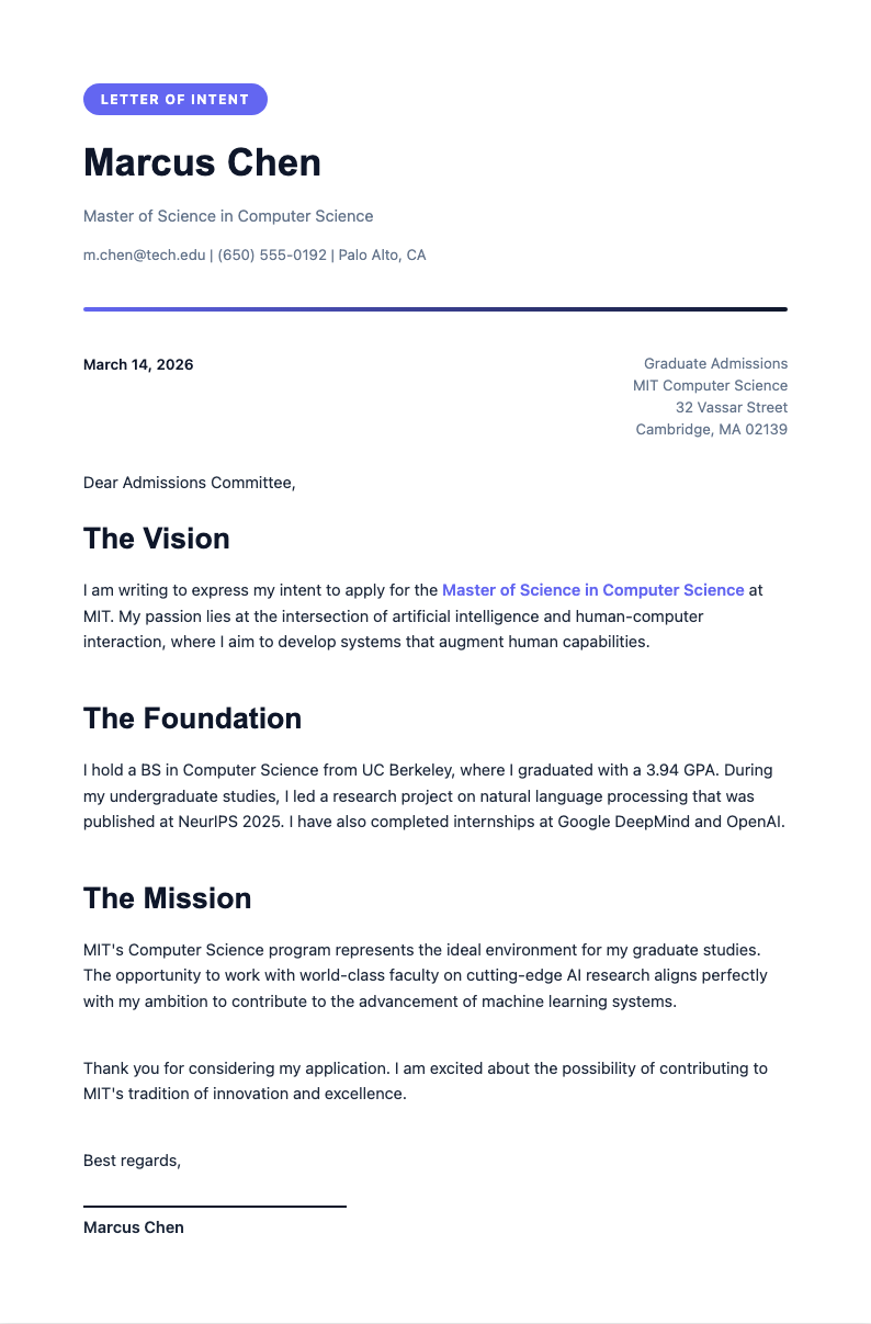 Bold contemporary letter of intent